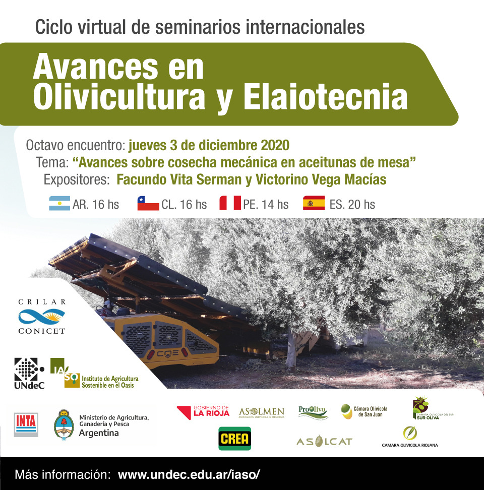 #Seminario 
El Instituto de Agricultura Sostenible en el Oasis (IASO) de la #UNdeC invitan a participar del octavo encuentro del Ciclo de seminarios internacionales “Avances en Olivicultura y Elaiotecnia”. 

+INFO e inscripciones: bit.ly/3pZGpB8