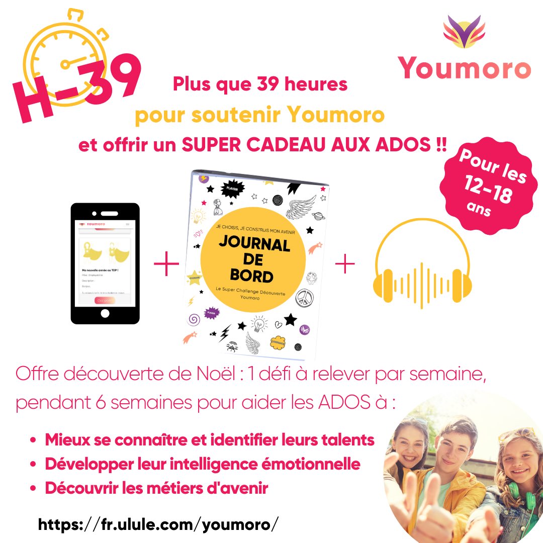 Dernier sprint pour boucler notre campagne <a href="/ululeFR/">Ulule FR</a> <a href="/YoumoroApp/">YOUMORO</a> 🚴🏻 Offrez un cadeau ludique qui a du sens aux #ADOS qui vous entourent cette année pour #Noël : Un challenge #Youmoro pour mieux se connaître et développer ses soft skills 💫🚀.#Empowerment 👉🏻 fr.ulule.com/youmoro/