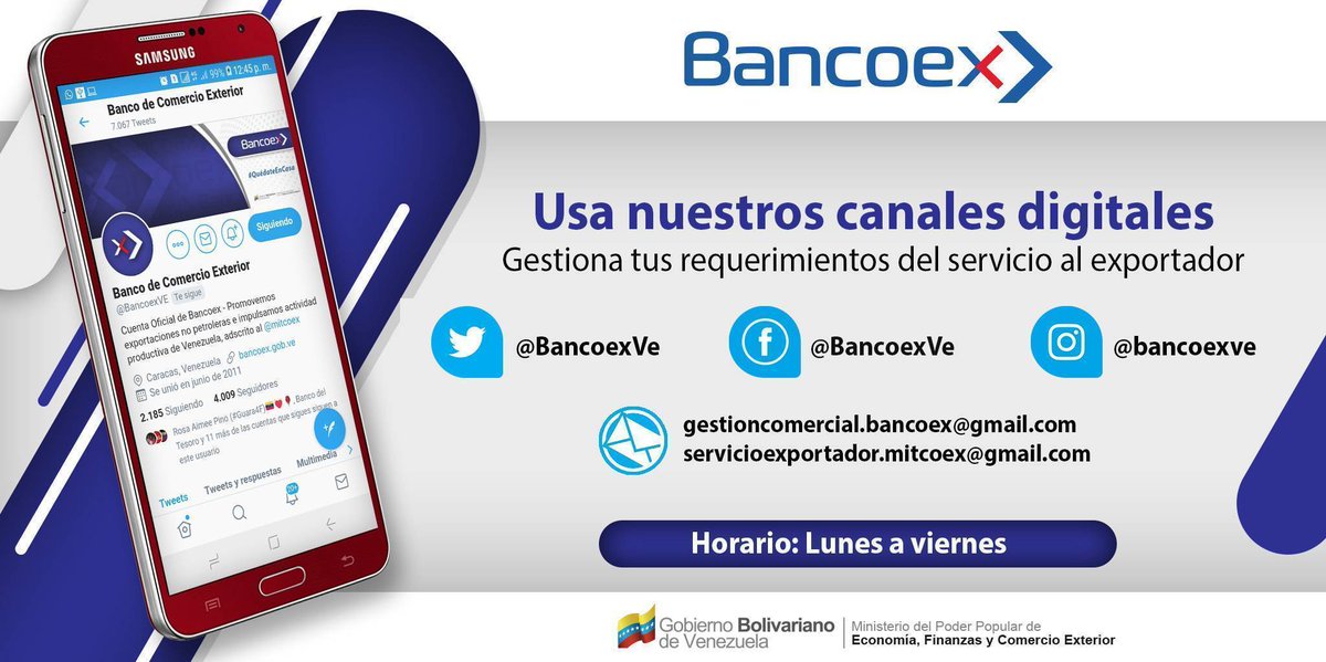 BancoexVE's tweet photo. #BancoexInforma 📢 || Colocamos a disposición de los usuarios nuestros canales digitales para ofrecerle la información que requiere.
#Bancoex
#ServicioAlExportador
#CanalesDigitales
Más información
⬇️ https://t.co/z3jGhcIQhY