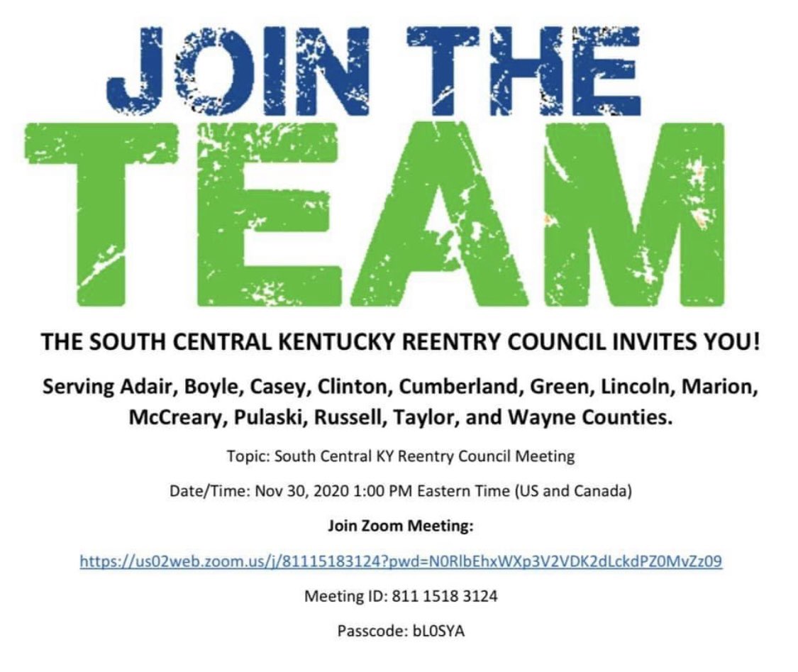 Don’t forget! We hope to see you at 1pm ET TODAY! 😃 
#SCKYReentry #KentuckyReentry

Topic: South Central KY Reentry Council Meeting
Time: Nov 30, 2020 01:00 PM Eastern Time (US and Canada)
 
Join Zoom Meeting
us02web.zoom.us/j/81115183124?…
 
Meeting ID: 811 1518 3124
Passcode: bL0SYA