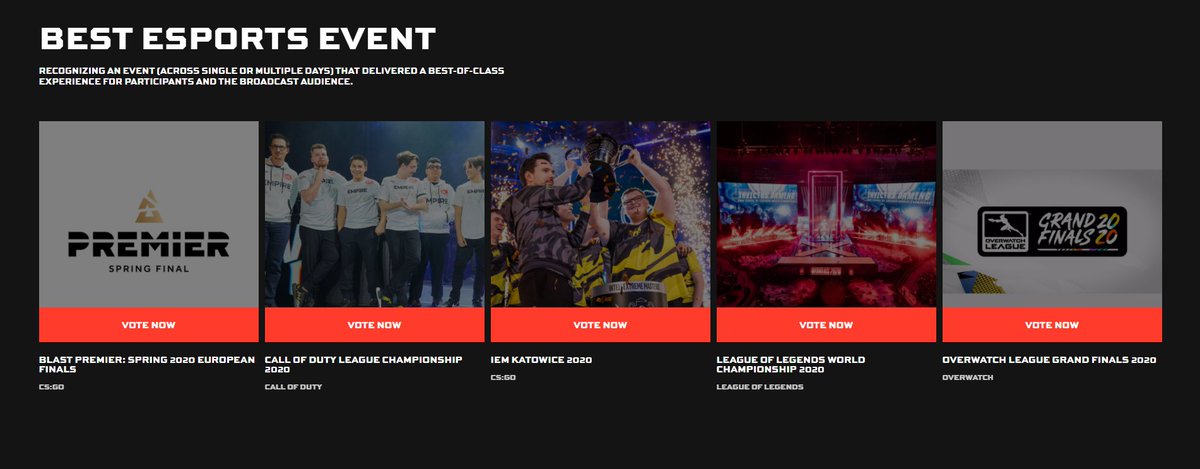 The BEST esports event in 2020?
- #BLASTPremier 
- #CDL2020
- #IEMKatowice
- #Worlds2020 
- #OWL2020

Vote at thegameawards.com/nominees