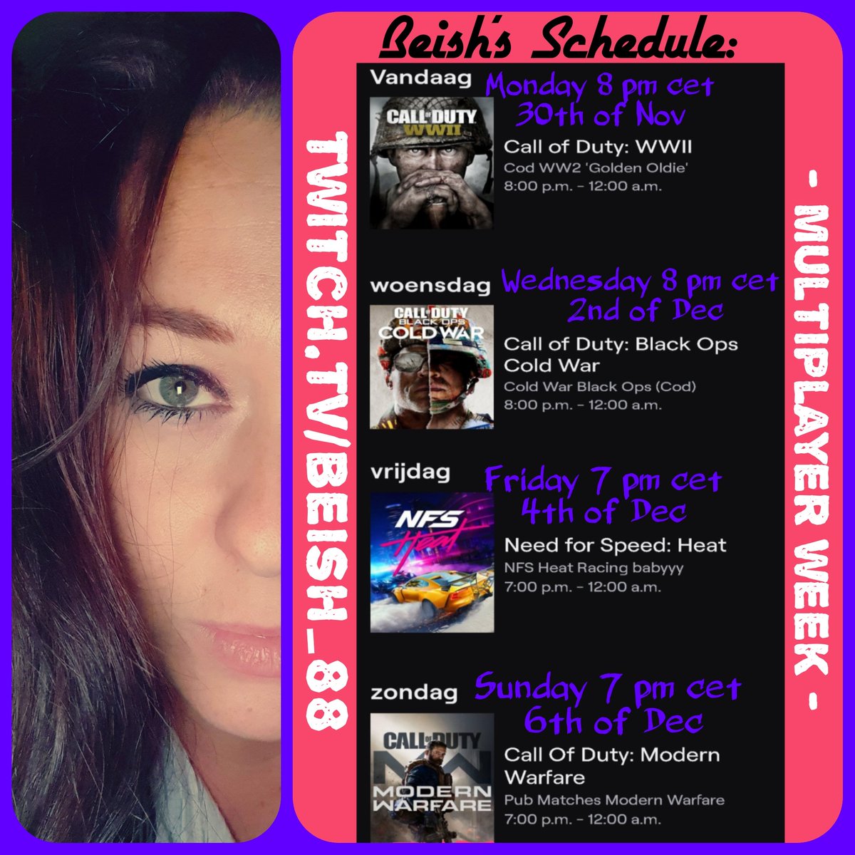 My New Schedule This Week:
MULTIPLAYER WEEK // JOIN!!!
》 PLAYING with VIEWERS 《
💜💜💜💜💜💜💜💜💜💜💜
🎮 https://t.co/YVvd6Dd1Fa 🎮
#callofduty #needforspeed #codww2 #coldwar #multiplayer #modernwarfare #twitchlive #schedule #twitchtv #girlgamer #girlstreamer #ps4 #games https://t.co/I3Dvi5Lgpg