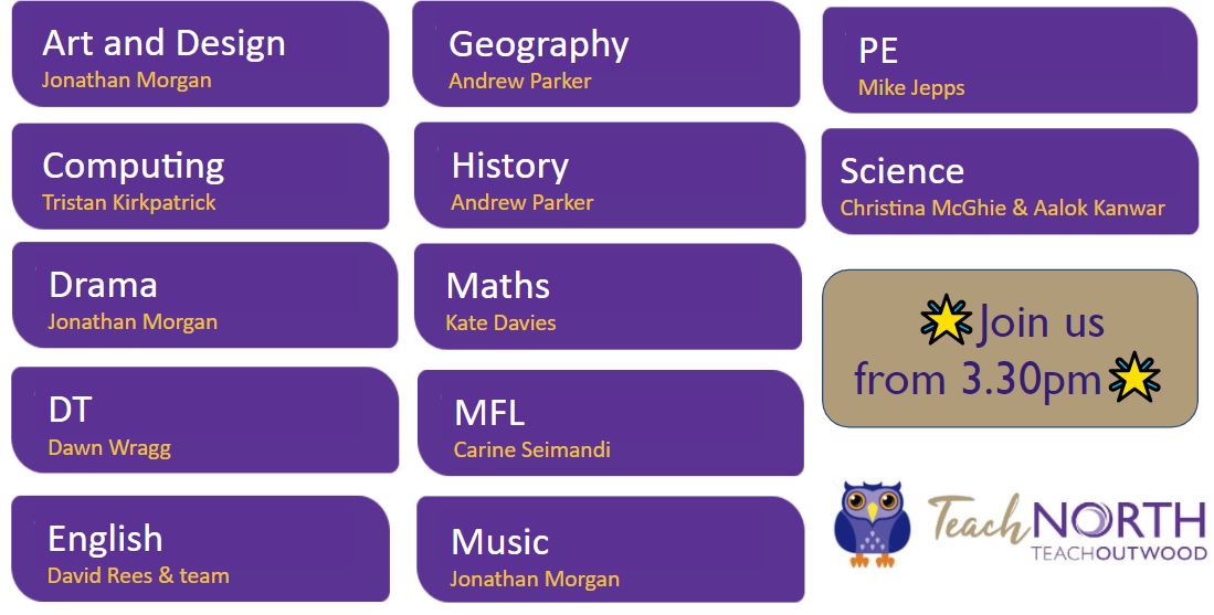 Looking forward to seeing all the secondary #TeachNorth trainees for this afternoon's 🦉'Meet the Subject Specialist' EPS session! 💫#OutwoodFamily #LoveTeaching, @SHU_SIoE @DUSofE @EducationLBU @DeptEdYork