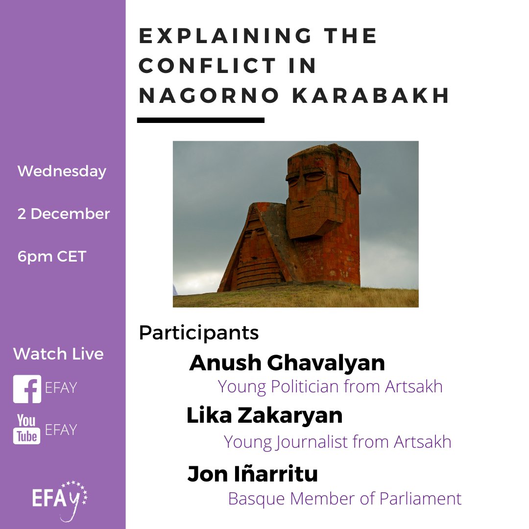 EFA_Youth's tweet photo. 🗣️ CONFERENCE: Explaining the Conflict in Nagorno Karabakh

📅 Wednesday 2 December

⏰18:00

We will have as speakers: @aghavalyan, @LikaZakaryan and @JonInarritu 

📺 Follow it live on our social media ⬇️

Facebook: https://t.co/SAwBHGHNfh
YouTube: https://t.co/Nip9qviWTQ https://t.co/XJFzrnvhZN
