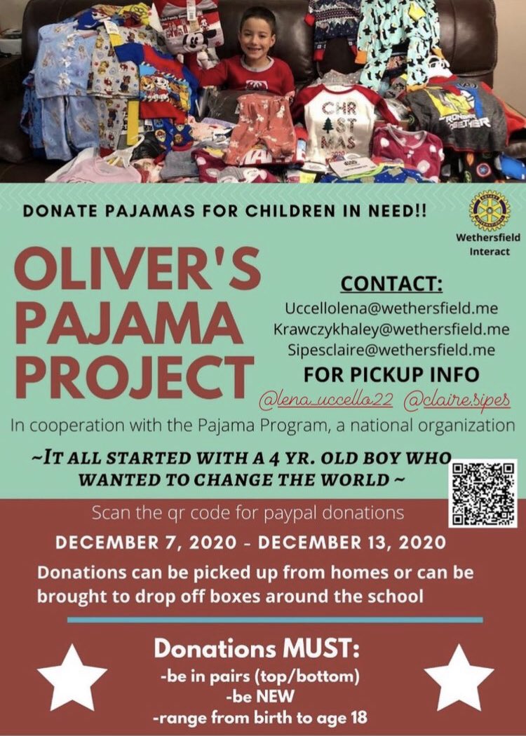 interact06109's tweet photo. @BlueEagleTV @whslmc411 Please consider donating to the Interact Club’s pajama fundraiser this December, either in the form of new pajamas or in a PayPal donation! Anything helps! Contact Lena, Haley, or Claire for more information. #whs06109 https://t.co/p2OVyPCIJI