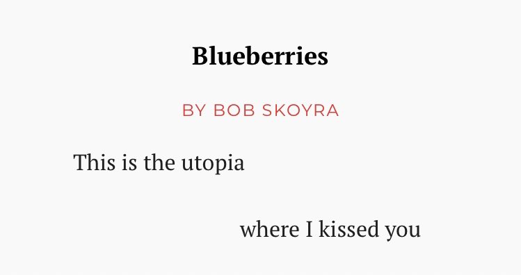 Bob_Sykora_'s tweet image. hi here’s a poem about fruit and kissing and maybe other stuff @ThirdPointPress 

thirdpointpress.com/2020/11/bluebe…
