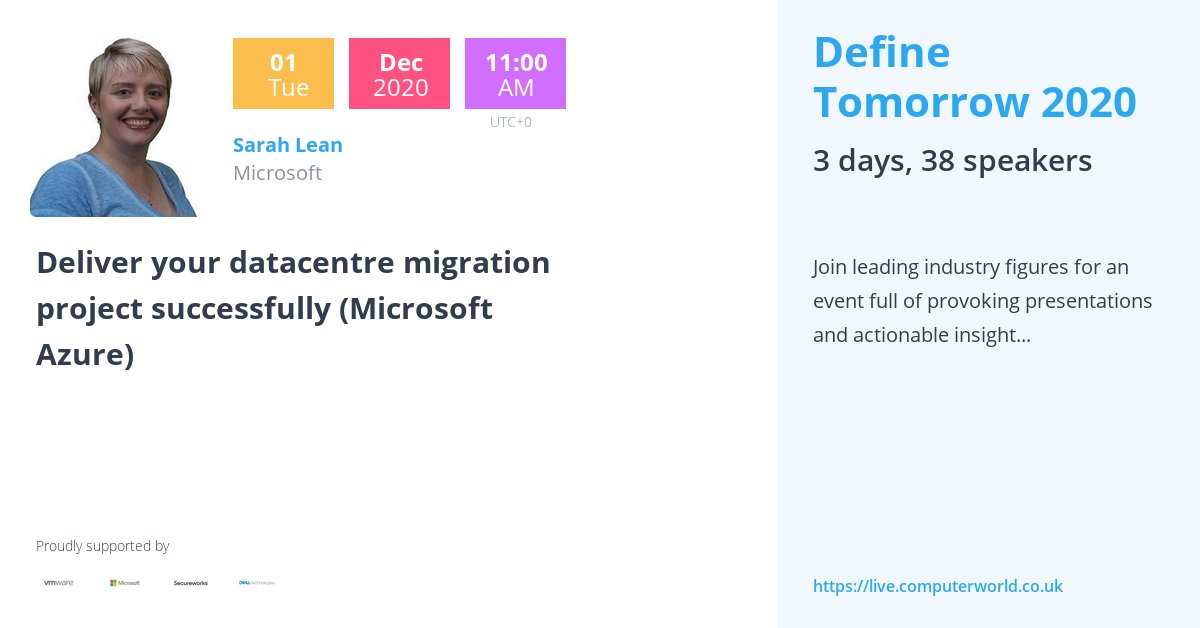 On Tuesday, my session about datacentre migrations to #Azure will be broadcast live at 11am GMT on <a href="/CWGroupUK/">CWGroupUK</a>'s event #Define #Tomorrow (bit.ly/2VkeHkK). Come join in the fun, ask questions, hang out, it's one of the last sessions I'll be delivering this year.