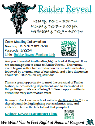 BradRoyal_1's tweet photo. Are you interested in attending #RaiderNation next year?  Please drop by for our virtual Raider Reveal.  Check out the information below for links &amp; details.  We want you to feel right at home at Reagan!  @TJeffersonMS @Falcons_NWMS @mustangnation01 @hanes_magnet #wearepfafftown https://t.co/iuhx1g3EaB