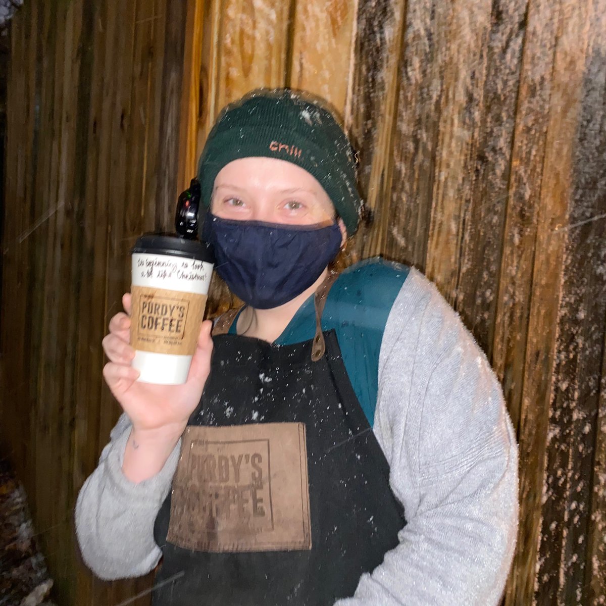 The good thing about wearing a mask is that it keeps your nose warm(ish) when you’re greeting customers in the snow! We are thankful for Taylor. She works hard &amp; loves people well!