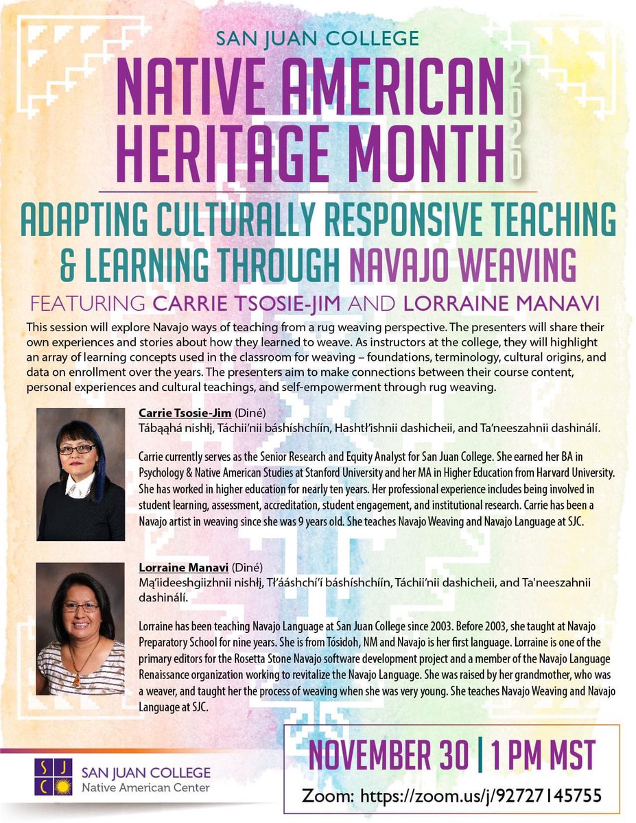 SJCNativeStudy's tweet image. Make plans to join us for the final NAC NAHM event with our very own, Carrie Tsosie-Jim &amp;amp; Lorraine Manavi, lifelong Navajo weavers &amp;amp; current instructors at SJC. They are also a part of the Native Studies program. #nativeamericancenter #nativeamericanheritagemonth #navajoweaving
