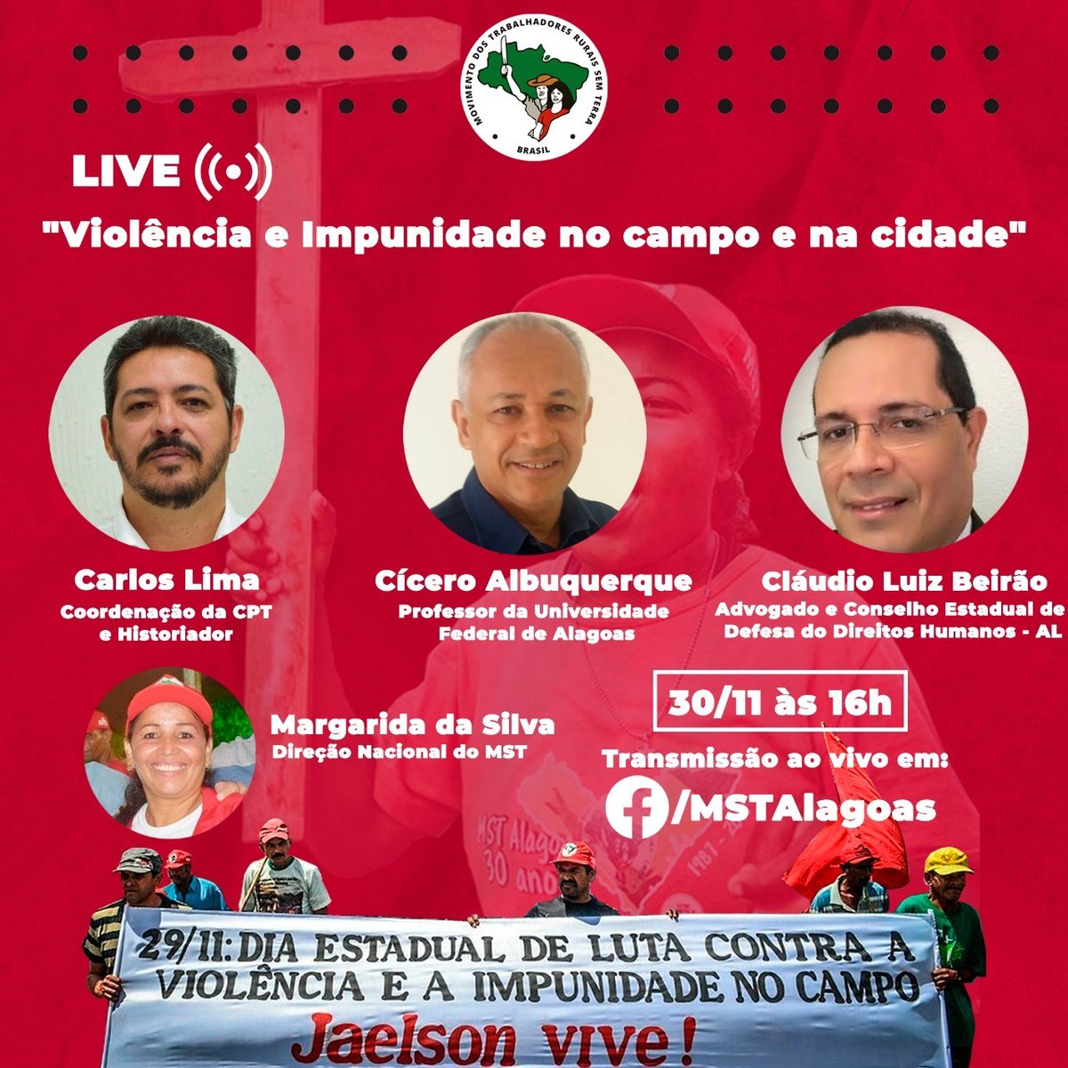 MST_Oficial's tweet photo. ‼🗣 Hoje, às 16h, acompanhe a live sobre a "Violência e Impunidade no campo e na cidade".
📲 ASSISTA em:
https://t.co/NJvUYWyjjJ
#BastaDeViolênciaNoCampo
#JaelsonVive https://t.co/fcFlr6ybSA