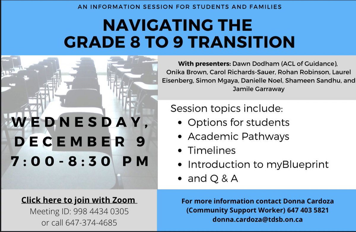 LC3_TDSB_CSW's tweet photo. 💻 Zoom Webinar

NAVIGATING THE GRADE 8 TO 9 TRANSITION

Please share this IMPORTANT information session opportunity with your intermediate Teachers, their students and their families.

#schoolsengagingfamilies https://t.co/087fEh71nZ
