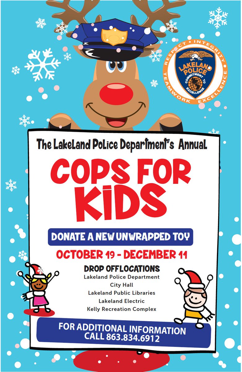 LakelandPD's tweet photo. REMINDER: You can still donate to our #CopsForKids toy drive! You can drop off NEW, UNWRAPPED toy now until December 11 at any of the below locations!
For additional information, call 863.834.6912.
#copsforkids #lakelandpd #toydrive https://t.co/nQlpORn3Zm