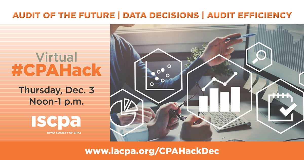 IowaCPAStudents's tweet photo. Let's talk data analytics. Spend your lunch hour with us this Thursday! #CPAHack featuring @EY_US auditors and @IowaCPAs members Monica Steckel and Sydney Naranjo. Sign up at https://t.co/dVUVqQHOaV. https://t.co/b1kbZ1uKrL