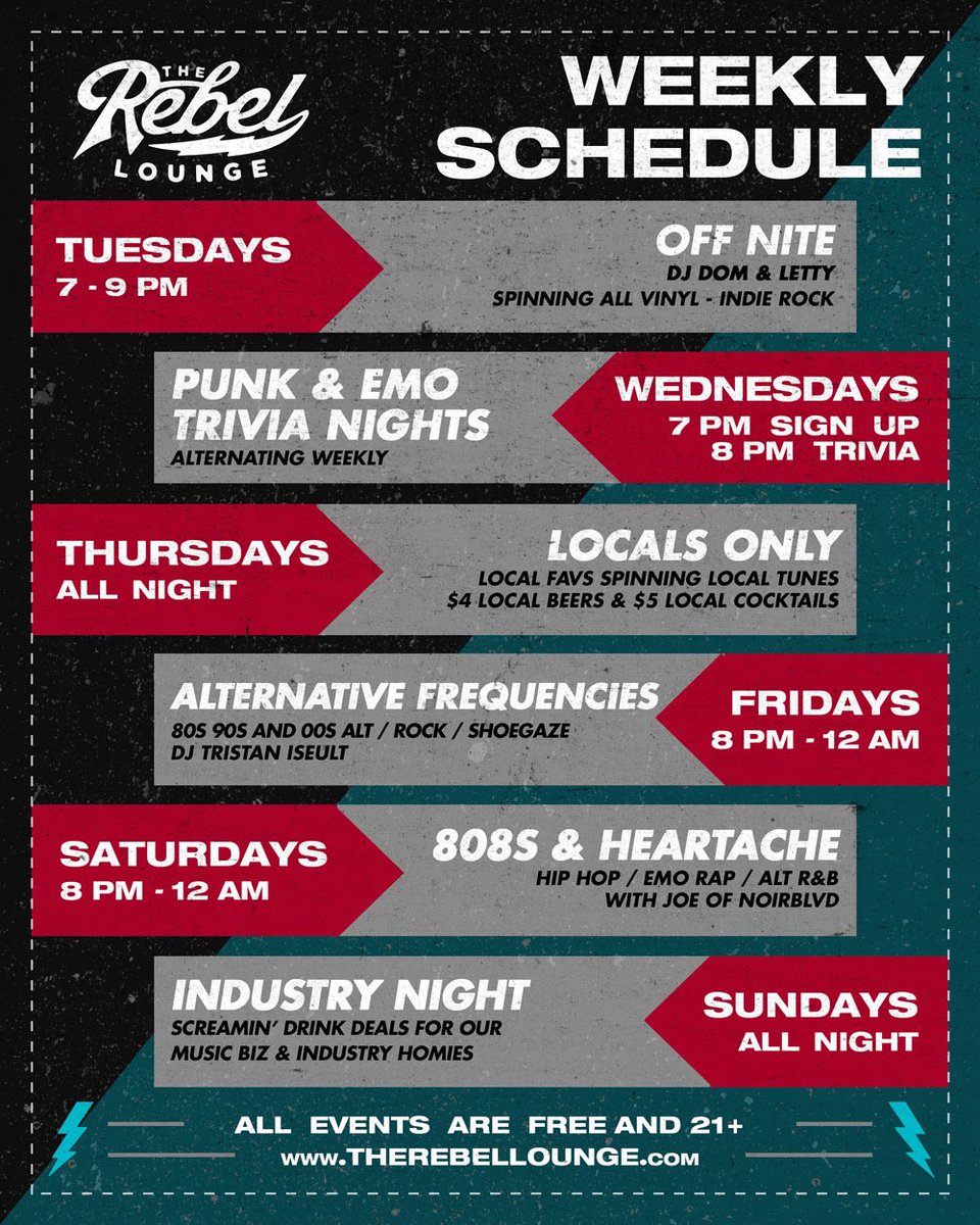 TheRebelPHX's tweet photo. Check out our new weekly schedule! ⚡️

These events are all seated, socially distanced, and free. Masks must be worn until you’re seated at your table. All events kick off this week! https://t.co/0p2GunDyyX