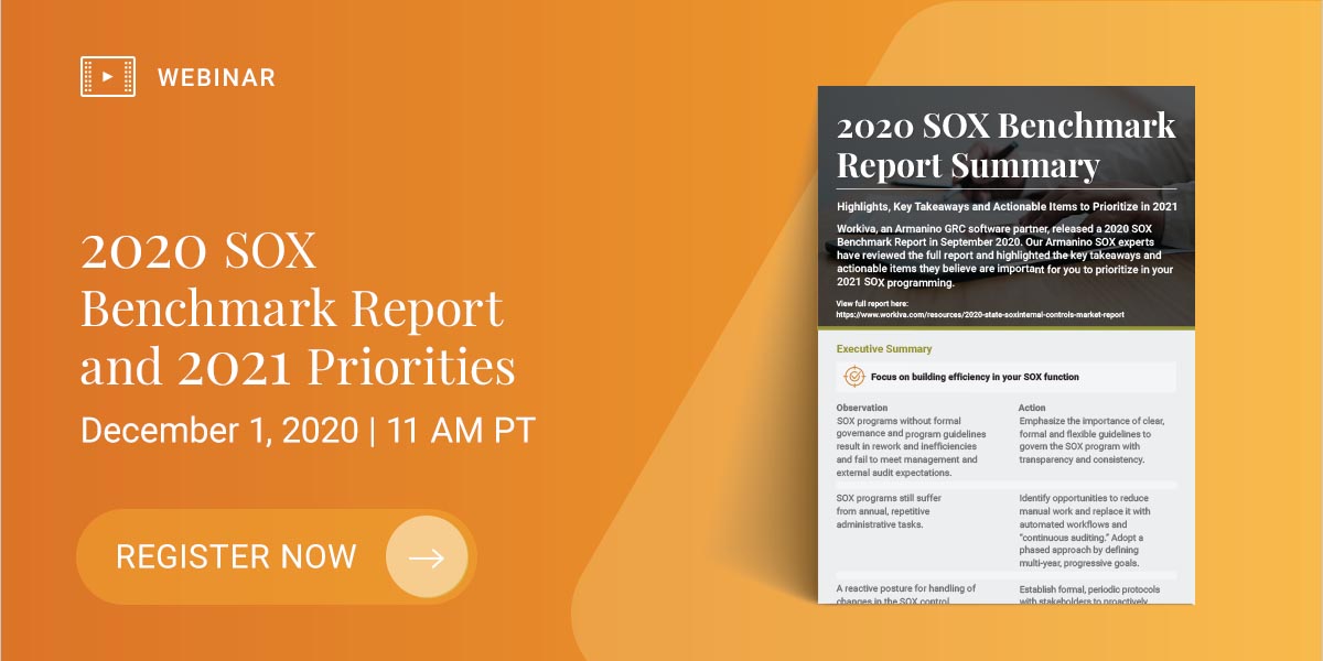 Armanino_HQ's tweet image. Our 2020 SOX Benchmark Report and 2021 Priorities webinar is happening TOMORROW!

Register for FREE today: ow.ly/A1jR30rjrYG

#SOX #benchmarkreport #AI #RPA #corporatestrategy #execution #assessments #procuretopay #recordtoreport #quotetocash