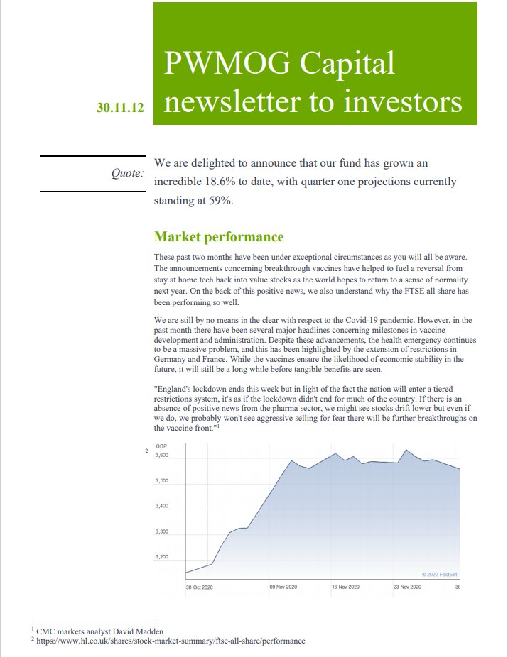 PwmogC's tweet photo. Our team have this week decided to write a short newsletter detailing our performance and outlining our thoughts for the future. Comment below if you wish to continue seeing our fund create this type of content!

#ES20070 #FTSE100 #PWMOGcapital https://t.co/TUSvCRrfTp