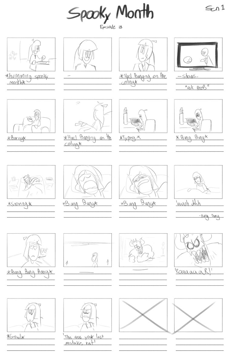 I started to work on it  since June (That's the whole joke)
I didn't like the first idea I had, It had a witch, so I decided to changed it with a plot and turn the demon into the antagonist.
The first storyboard was on Clip studio then I jumped to flash to make it fast. 