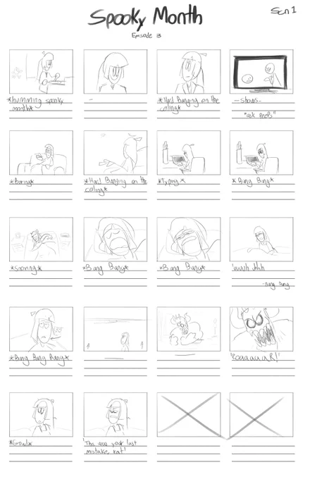 I started to work on it  since June (That's the whole joke)
I didn't like the first idea I had, It had a witch, so I decided to changed it with a plot and turn the demon into the antagonist.
The first storyboard was on Clip studio then I jumped to flash to make it fast. 