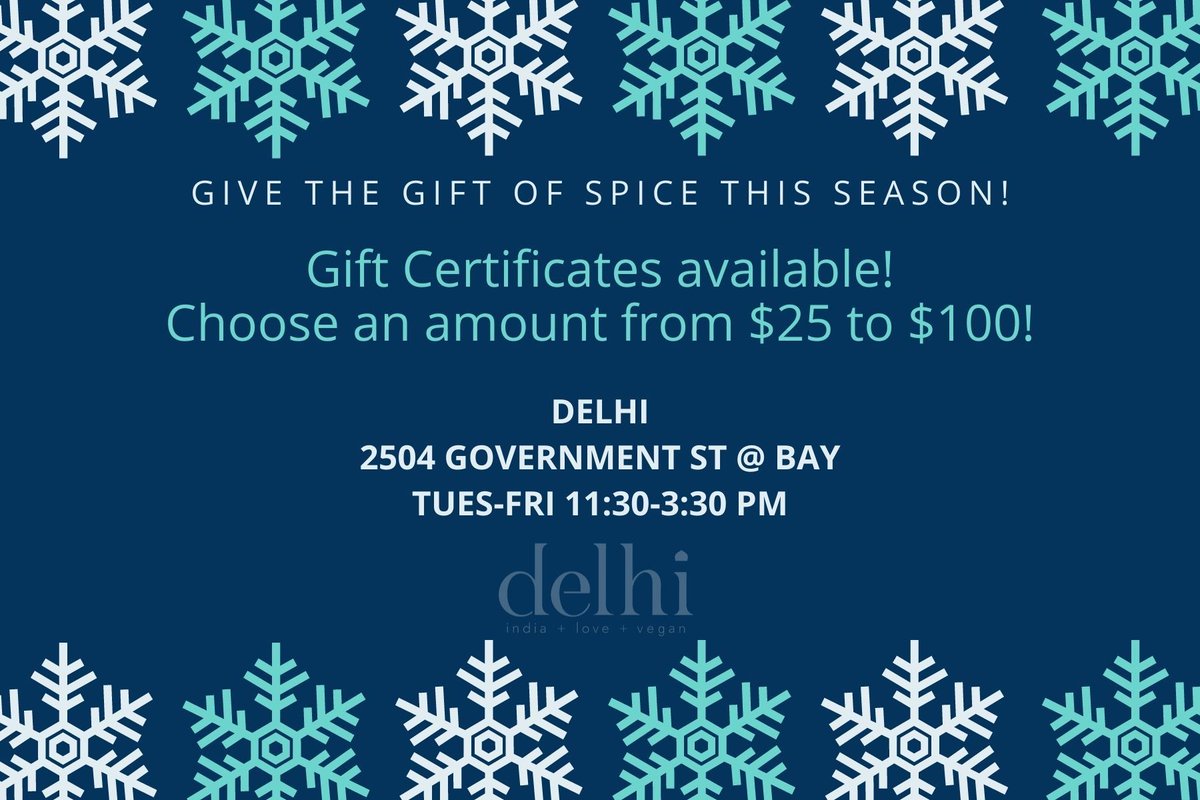 delhiyyj's tweet photo. Give the gift of spice this season! Gift certificates from Delhi available in store! #yyjeats #yyjfood #vegan #plantbased #victoriabc #giftcertificate #supportlocal #vancouverisland https://t.co/DEAS2UI8Zm
