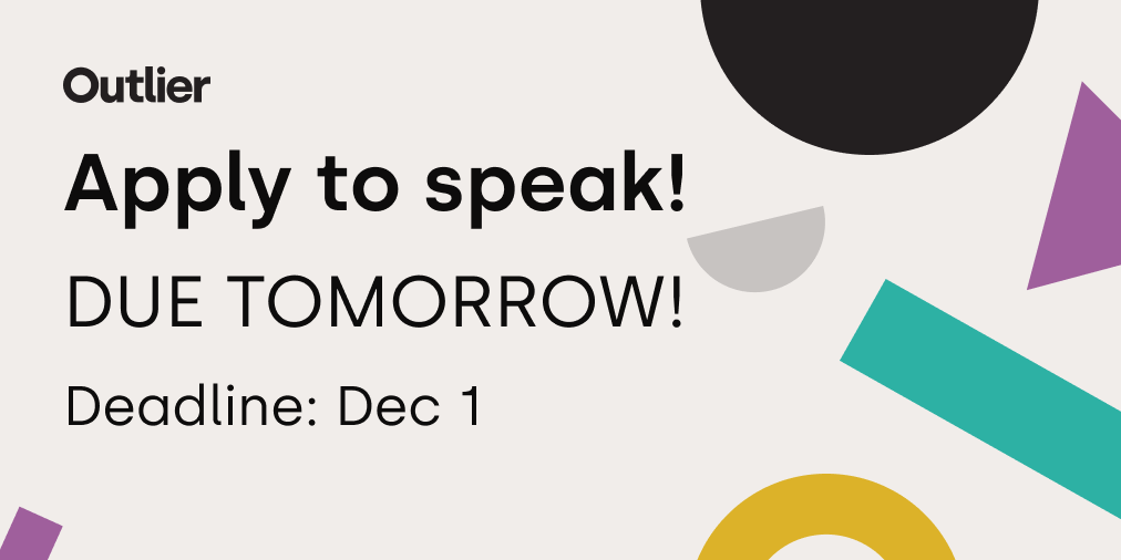 OutlierConf's tweet photo. Apply to speak at Outlier BY TOMORROW!! Hosted by @DataVizSociety

Show off your skills, share your unique perspective, inspire others, build out your network. 😃

Apply here: https://t.co/b0mdqwoVU9
Call for Speakers article: https://t.co/xfH22kn3Kb
Deadline: Dec 1, 2020 https://t.co/LXn0ZRPEll