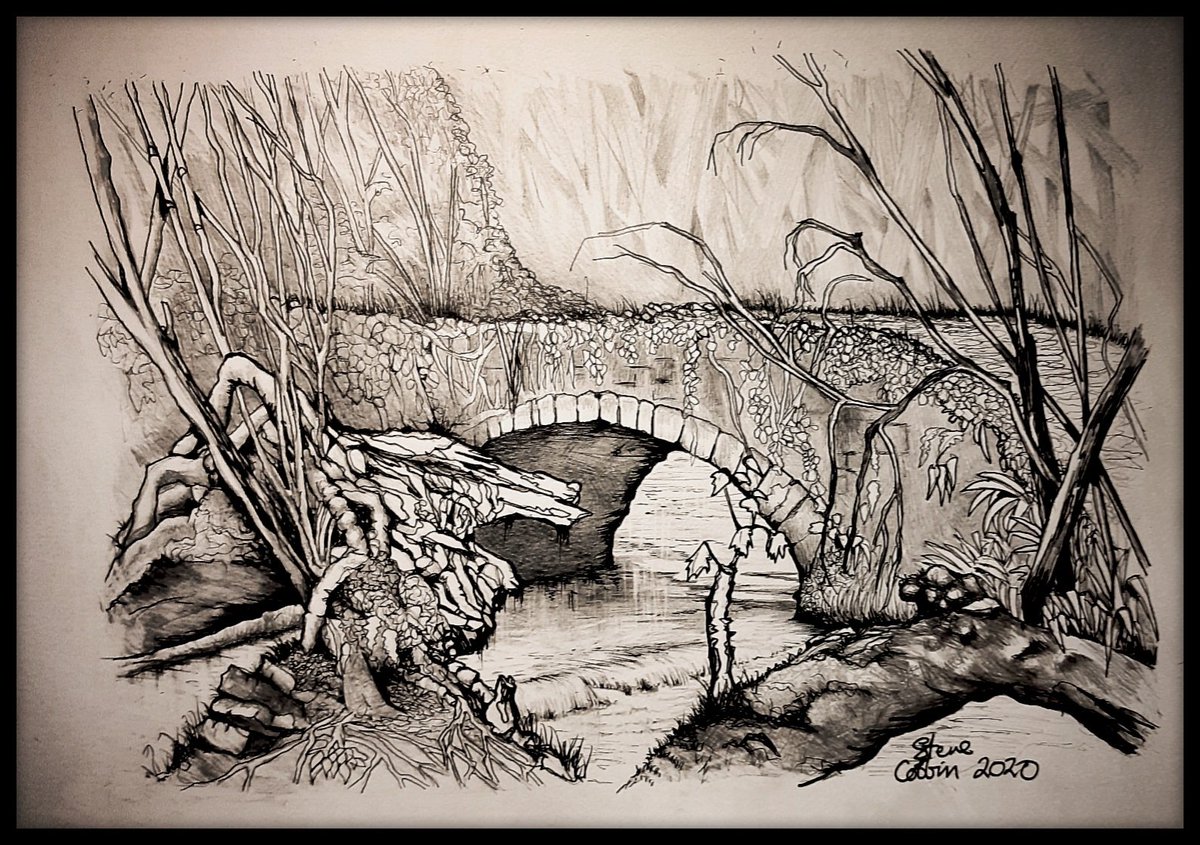 CobbinSteve1's tweet photo. #2020dailydrawing for the perusal of @DrRJWarren @SAOCousins @jayjewels70 @cobbybrook @DaveCobbin and anyone else who cares to look.. 
Latest doodle of an old favourite:
The abandoned bridge in Harridge Woods. 
@SomersetCool @SomersetWT 
#art #ArtistOnTwitter #Illustrator https://t.co/couq68IeAH