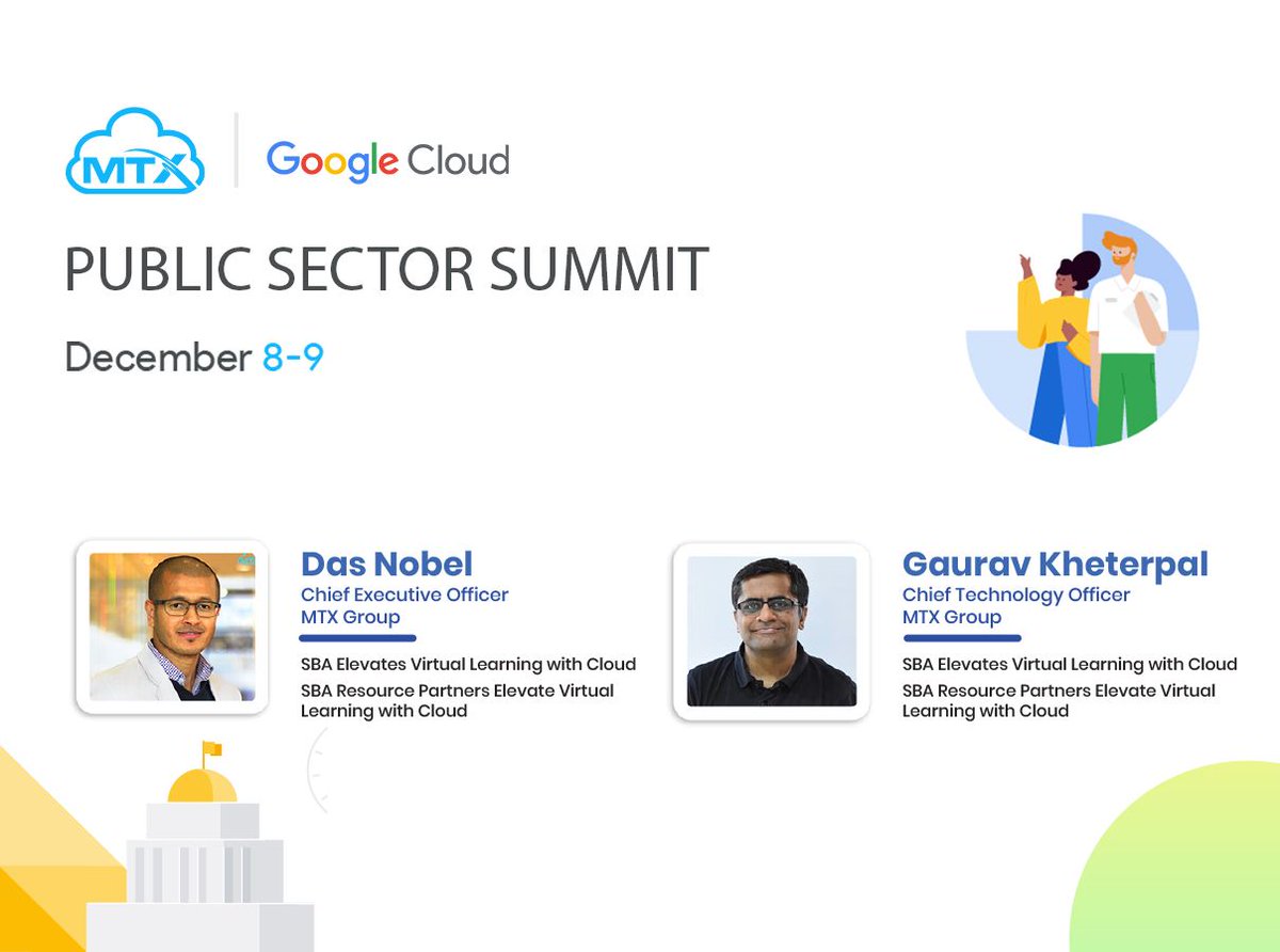 I’m excited to be a part of #GoogleCloudPSSummit– <a href="/googlecloud/">Google Cloud</a>'s  2-day global digital event for govt &amp; academic communities.

I'll be joining @dasnobel -Founder &amp; CEO of <a href="/MTX_Inc/">MTX Group, Inc.</a> to talk about how we used GCP to elevate virtual learning for SBA

RSVP → goo.gle/ps-summit