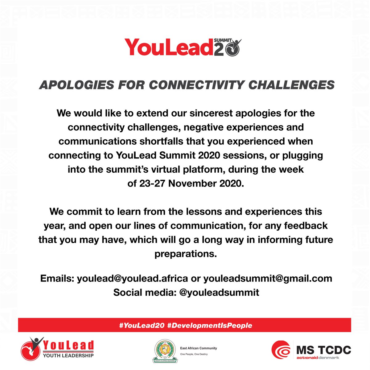 OneYoungAfrica's tweet photo. Thanks to our online audience who were part of the virtual audience during the #YouLead20.
Our apologies for the hiccups during the Livestream of the event - we commit to always delivering the best online experience for you. #DevelopmentIsPeople https://t.co/6ocaCOV2rh