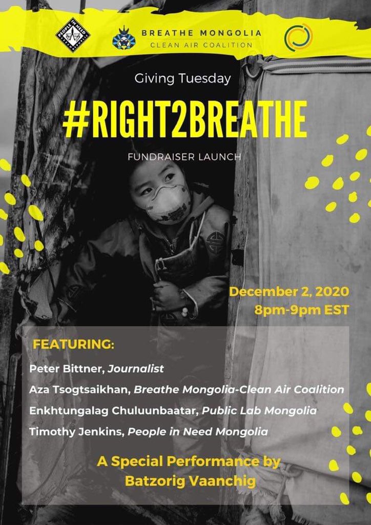 Join me &amp; my friends tomorrow, on this #GivingTuesday, as we speak about air pollution in 🇲🇳.
In Ulaanbaatar,we see some of the highest levels of air pollution in the world. They are working together to raise awareness &amp; funding to reduce the impacts of air pollution on children.