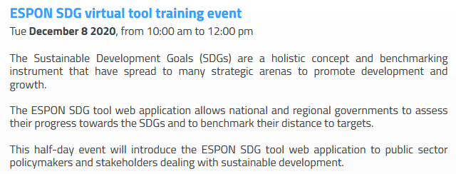 📢Workshop <a href="/ESPON_Programme/">ESPON</a> sur l'utilisation de l'appli SDGs (Sustainable Develoment Goals) 

🗓️8/12 de 10h à 12h 

➡️ Application pour évaluer l'avancée d'un territoire sur les Objectifs de développement durable 

🔗bit.ly/37ivABT