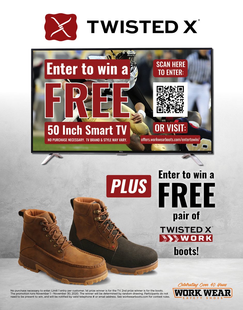 workwearsafe's tweet photo. ONLY 15 Hours LEFT

Work Wear &amp; @twistedxglobal are giving away a 50" smart TV or a pair of Twisted X work boots! 2 winners will be chosen!

No purchase necessary to enter! 

Use your phone's camera to scan the QR code in the picture or go to https://t.co/PXnbp1TZbr https://t.co/uFsa1v71FD