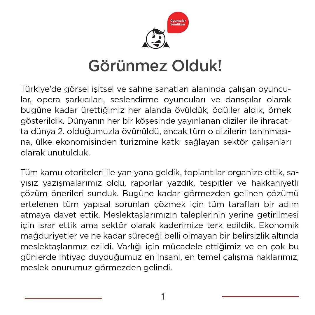 oyuncusendika's tweet photo. Dünyanın her bir köşesinde yayınlanan diziler ile ihracatta dünya 2. olduğumuzla övünüldü,ancak tüm o dizilerin tanınmasına,ülke ekonomisinden turizmine katkı sağlayan sektör çalışanları unutuldu!  #GörünmezOlduk @ailevecalisma @TCKulturTurizm
@saglikbakanligi @rtukkurumsal https://t.co/1VUeIhpYh0
