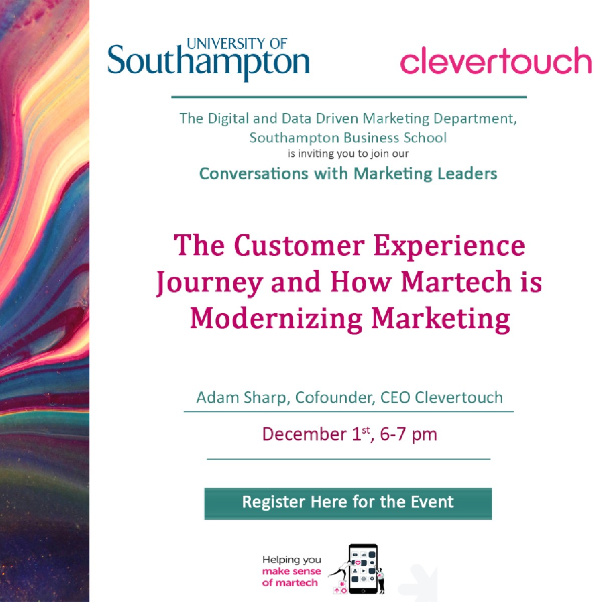 SotonBusinessSchool (@sotonbusiness) on Twitter photo Attention Marketing students!
Find out more tomorrow about the changing role of marketing! Your participation in this event will also allow you to register for a training session offered by <a href="/CleverTouch/">Clevertouch Consulting</a> in Marketo platform.
Register here: fal.cn/3bUmE Attention Marketing students!
Find out more tomorrow about the changing role of marketing! Your participation in this event will also allow you to register for a training session offered by <a href="/CleverTouch/">Clevertouch Consulting</a> in Marketo platform.
Register here: fal.cn/3bUmE