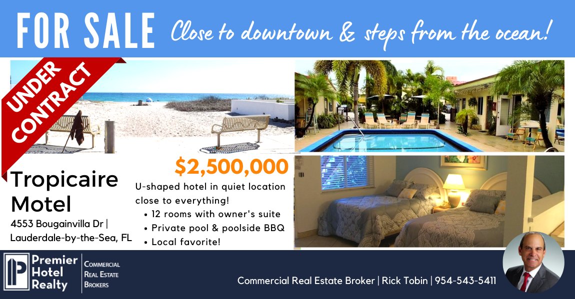 CREPropertyWire's tweet image. 🏨We are pleased to share with you that Premier Hotel Realty has placed the Tropicaire Motel in Lauderdale-By-The-Sea Under Contract! 📝

👉Considering selling your property? Contact us! We have dozens of qualified buyers still looking to purchase hotel properties of all sizes