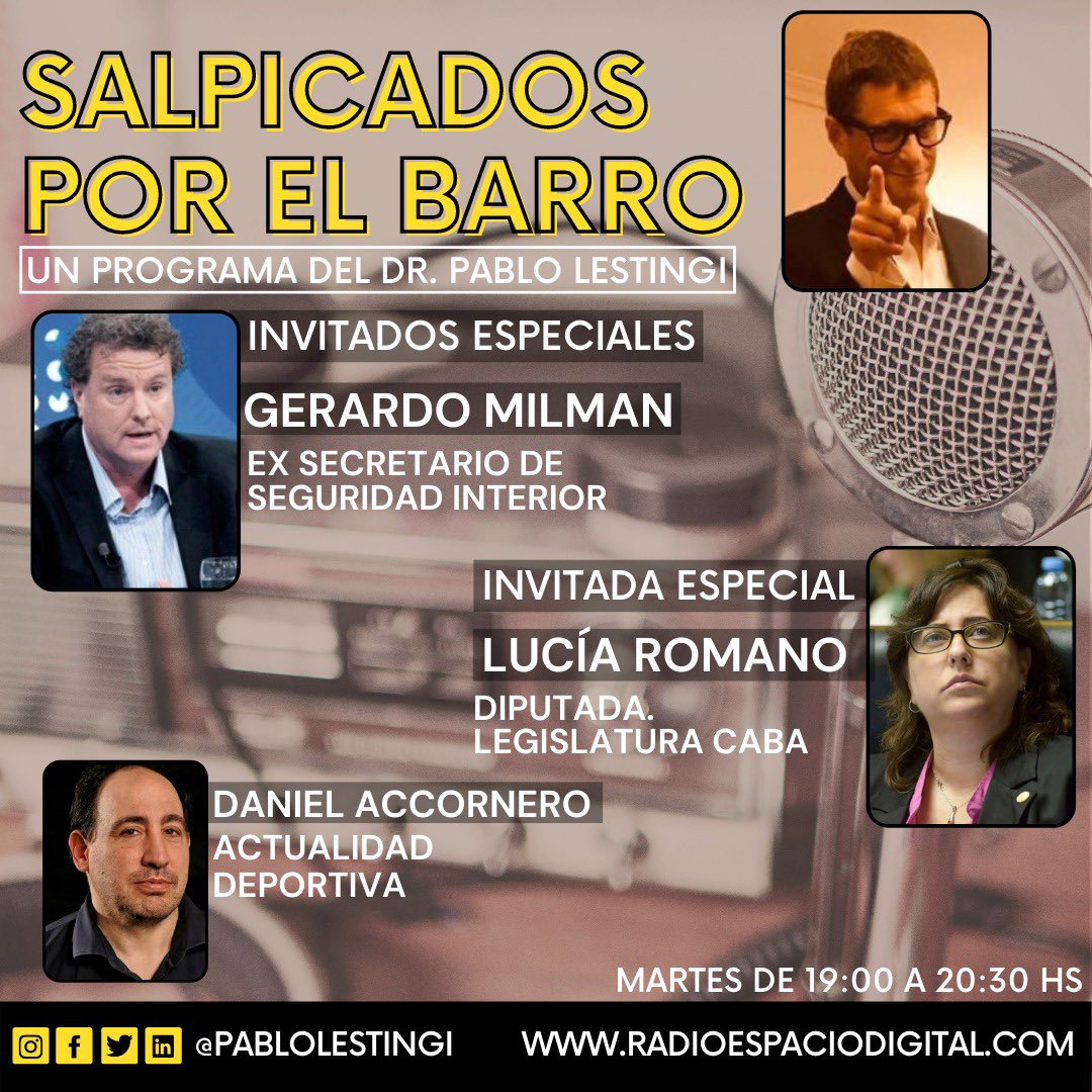 pablolestingi's tweet photo. #Salpicate !!!
Semanario de actualidad nacional e internacional.
Martes de 19 a 20:30 hs.
@gmilman @LuciaRomanoOk @danyaccornero @stellaconde @SebasCoppola @radioespaciodi1 @CaderoOK #d10s⚽ https://t.co/57W8Eg9m5w