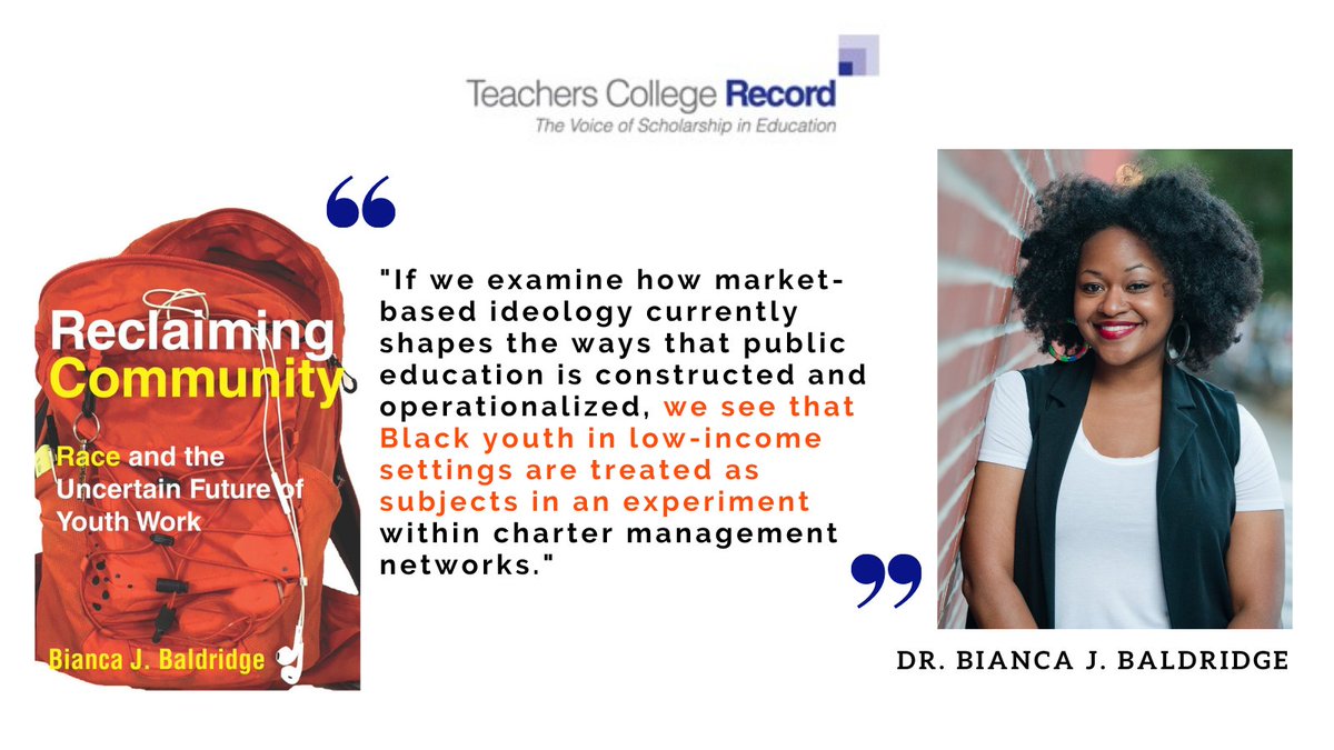 TCRecord's tweet photo. How can we resist market-based ideologies that limit and harm the potential of Black youth in low-income settings? Discuss with us at our 12/3 book talk, featuring Dr. @biancajontae & Dr. Kuttner. RSVP: https://t.co/tKrw8dLUj2 @culturalorg @UNPSLC @stanfordpress #TCRecordTalks https://t.co/nd2Q5UNSAe