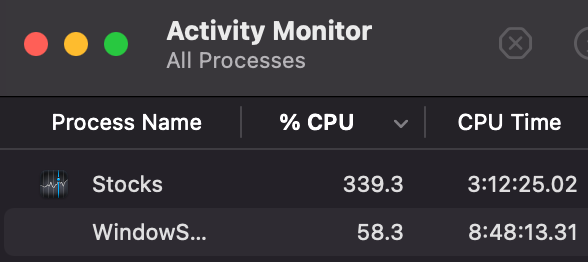 What is the #stocks app doing?! 🤦‍♂️ No CPU or battery improvement will ever beat poorly written #software. Consider your priorities, <a href="/Apple/">Apple</a>.
#macOS