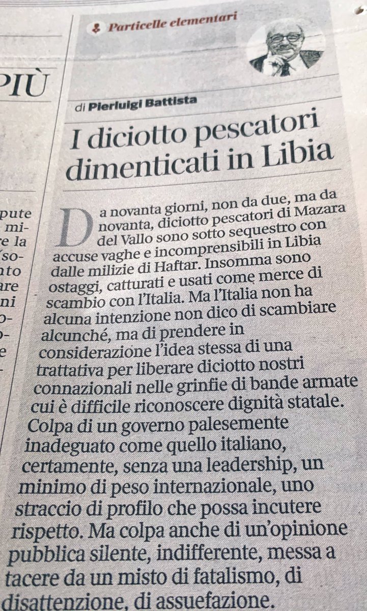 OGiannino's tweet photo. Bravo @pigibattista. Ci sono ostaggi che fanno notizia e smuovono i politici, e i nessuno che non vanno neanche in cronaca. I 18 di Mazara sequestrati da 90gg da milizie di Haftar son solo pescatori, possono marcire lì e chissenefrega, Di Maio e Conte hanno altro da fare.. https://t.co/YIpVKzSRUT