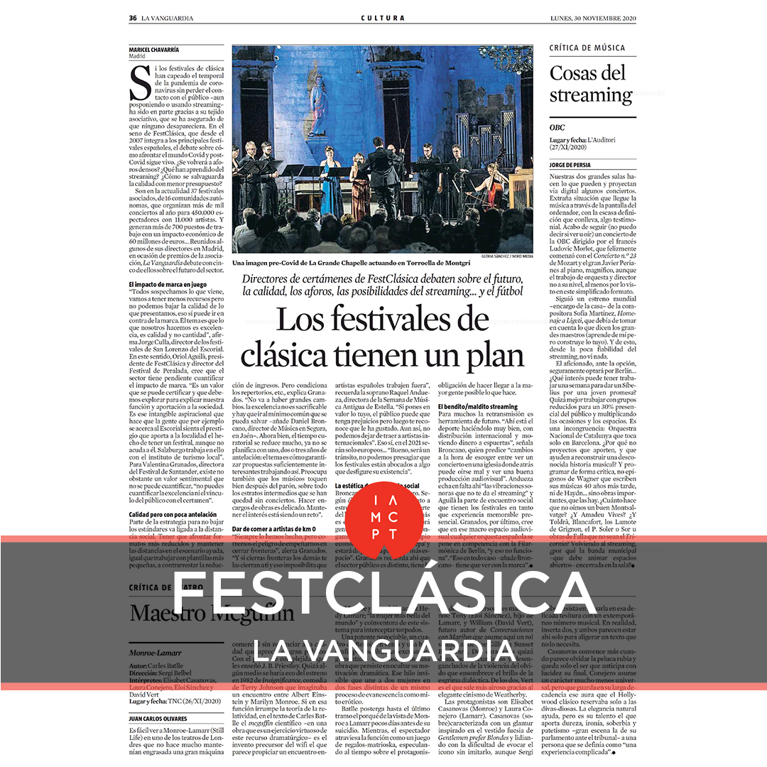 IMPACTA (@impacta_es) on Twitter photo Artículo sobre <a href="/FestClasica/">FestClásica</a> en <a href="/LaVanguardia/">La Vanguardia</a> por <a href="/mcelchavarria/">Maricel Chavarría</a>.
🗣️ La Vanguardia reflexiona junto a los directores de certámenes de FestClásica sobre el futuro, la calidad, los aforos, el streaming... y el fútbol. Artículo sobre <a href="/FestClasica/">FestClásica</a> en <a href="/LaVanguardia/">La Vanguardia</a> por <a href="/mcelchavarria/">Maricel Chavarría</a>.
🗣️ La Vanguardia reflexiona junto a los directores de certámenes de FestClásica sobre el futuro, la calidad, los aforos, el streaming... y el fútbol.