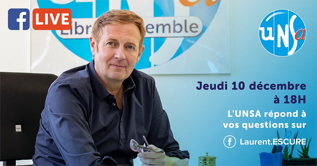 UNSA_officiel's tweet photo. Jeudi 10 décembre à 18h, @LaurentEscure sera en live sur sa page Facebook 🎙️ #BonLundi https://t.co/g6PJ5cOm1k
