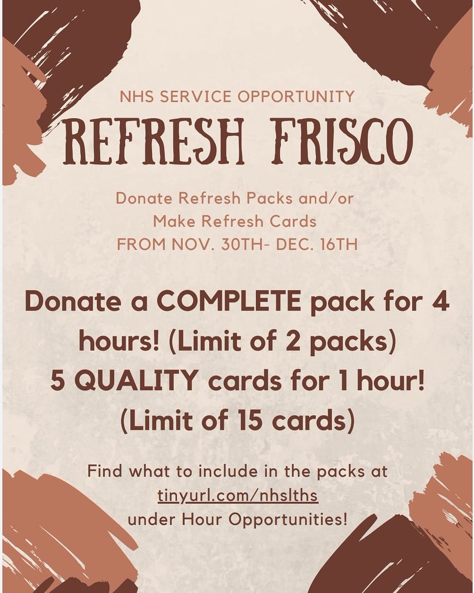 NhsLths's tweet photo. From today until November 16th we will be collecting Refresh Pacs and cards for Refresh Frisco. For more information please check your email or view the "Hour Opportunities" section on the website! https://t.co/pz3J5w6nI7