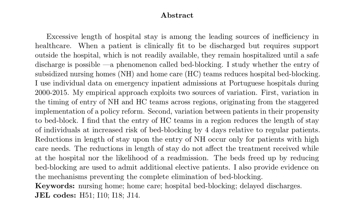 Hi  #econjobmarket, I am an applied microeconomist working on health economics. Here is an overview of my  #JMP.“Do subsidized nursing homes and home care teams reduce hospital bed-blocking? Evidence from Portugal”Full version here: https://anamoura.site/files/MouraJMP.pdf 1/15