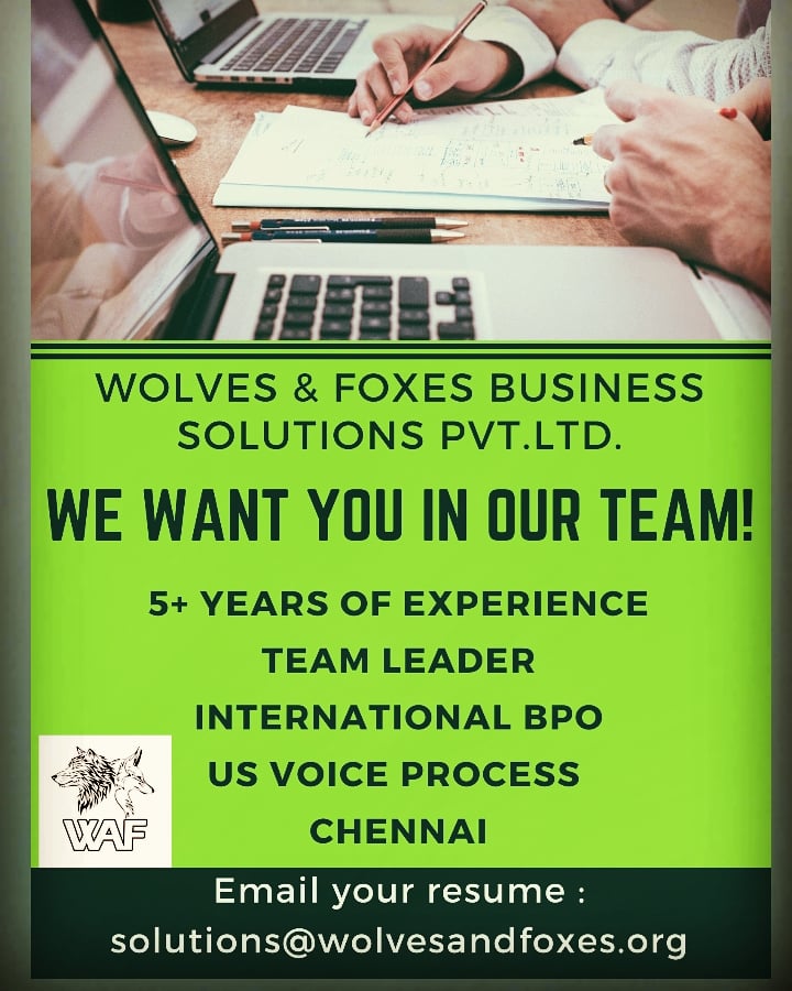 Wolvesandfoxess's tweet photo. @Wolvesandfoxess
https://t.co/KlZ19l5sZU
#bpo #voiceprocess #HIRINGNOW #recruiting #Chennai #chennaijobs #chennai2020 #NightShift #CallCenter #internationalvoice #wolvesandfoxes #coimbatore #StartUpEp13 #Google #twitter #linkedin #Facebook #ApplyNow #mailus #teamlead #English https://t.co/iHjAhZgOqu