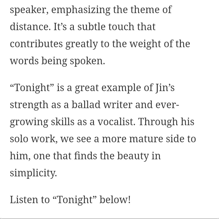 " ‘Tonight’ is a great example of Jin strength as a ballad writer and ever-growing skills as a vocalist. Through his solo work we see a more mature side to him, one that finds the beauty in simplicity."

- Amanda Thilo, SD

#JINFESTA2020 #JINFESTA_D4