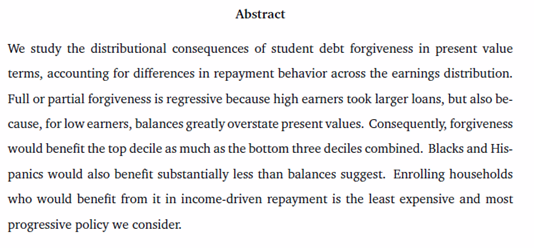 New working paper with Constantine YannelisWe study “The Distributional Effects of Student Loan Forgiveness”. We find forgiveness to be a highly regressive policy. Full cancellation would distribute $192 bn to the top 20% of earners, and only $29 bn to the bottom 20%. 1/15