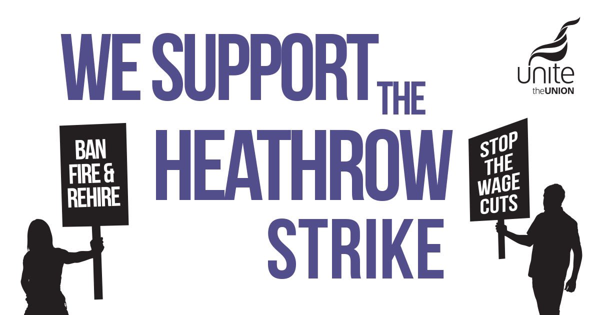 UnitePolitics's tweet image. Facing a 25% salary cut, @HeathrowAirport workers have voted to go out on strike tomorrow against these brutal fire &amp;amp; rehire policies that will see them lose up to £8000 a year. Solidarity ✊