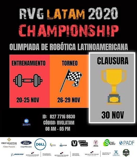RobotVirtualgam's tweet image. Hoy clausura de la 
OLIMPIADA NACIONAL DE ROBÓTICA STEAM LATINOAMÉRICA - RVG 2020
Puede ingresar al Zoom escrito en el diseño sin ningún compromiso.
@BoeingSpace @PADForg @Dell
@stemdotorg @MiCulturaPma
@MeducaPma @PrimeraDamaPma
@SERTVPANAMA @Cobrepanama
@Ford_CA
@Cobre_Panama