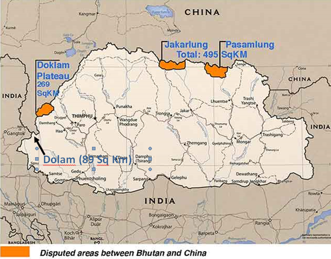 Before moving ahead, here's a map of the disputed areas.Plz note that the location of the 2017 India-China dispute (that continues still) is referred to as 'DOLAM', with ‘DOKLAM’ referring to the area claimed by China West of Thimpu hereafter.
