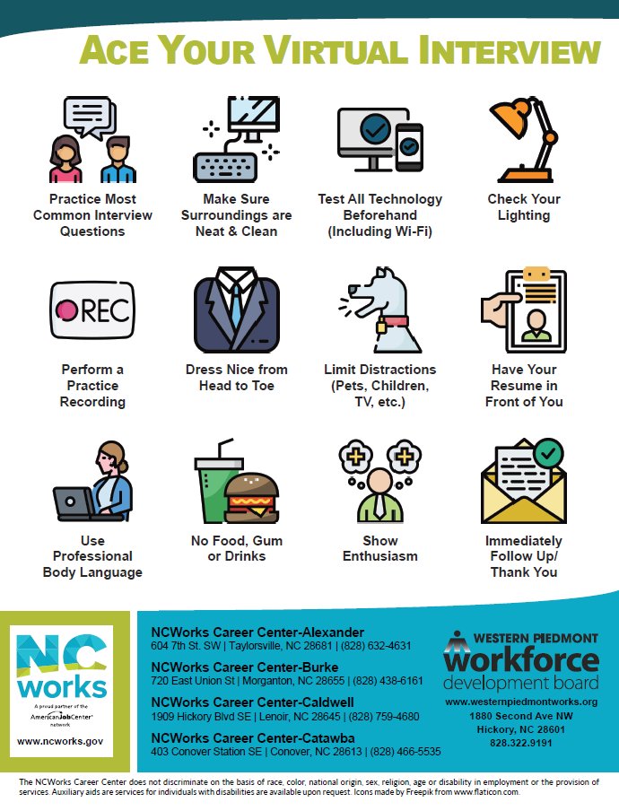 #aceyourinterview #ncworks Use these simple tips to ACE YOUR VIRTUAL INTERVIEW! @ncworks @ncworkforce @ncawdb