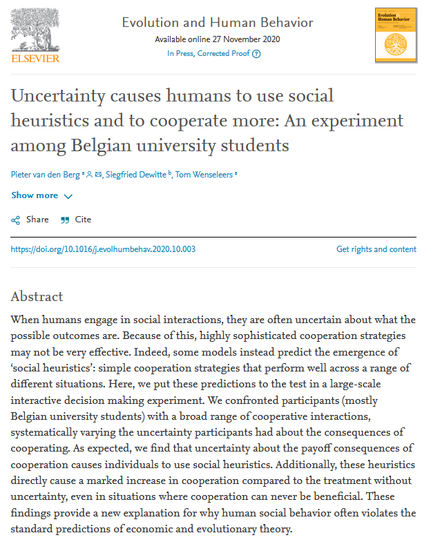 HumBehEvoSoc's tweet photo. Online first in @EvolHumBehav: "Our results suggest that people use heuristic decision making when they face a cooperative interaction with uncertain consequences."

https://t.co/fQSdFL33Gz https://t.co/tU9qK3g7mE